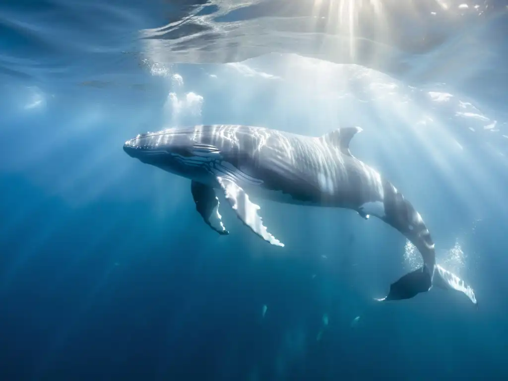 Innovaciones protección cetáceos oceánicos: Majestuosa ballena jorobada nadando grácilmente entre aguas cristalinas, rodeada de peces plateados