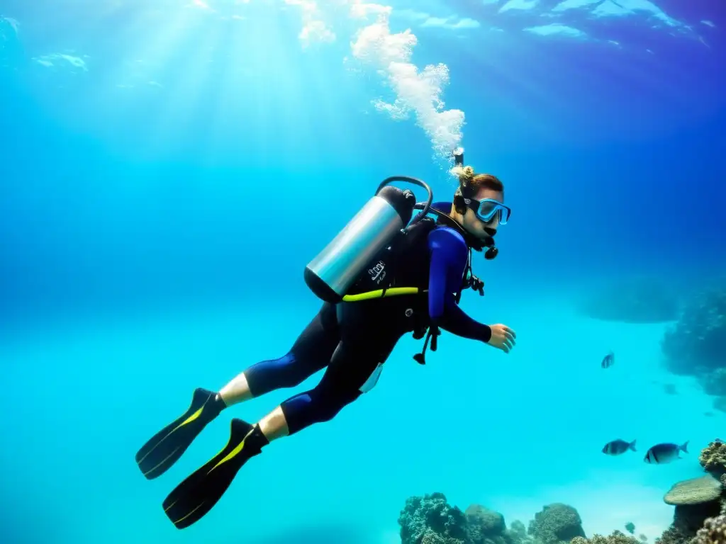 BCD azul en aguas turquesa con buceador y peces Un BCD innovador para controlar ascenso, usado por un buceador en aguas turquesa, rodeado de peces iridiscentes