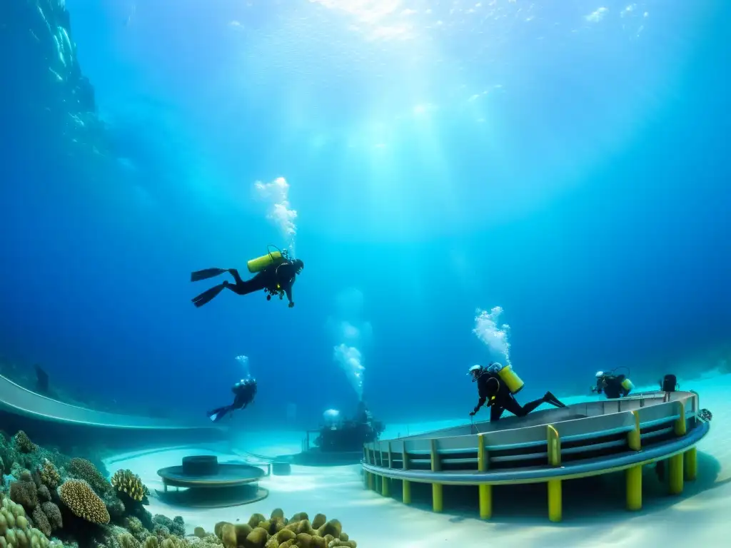 Una fotografía submarina muestra una innovadora planta de desalinización, con estructuras metálicas rodeadas de vida marina