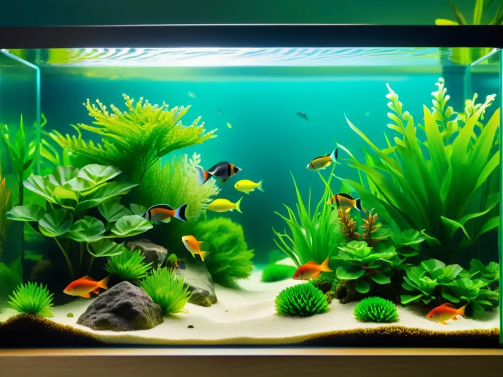 Innovadoras soluciones acuarios pequeños: Un pequeño acuario DIY con peces coloridos nadando entre plantas acuáticas exuberantes, creando un paisaje sereno y hermoso bajo el agua