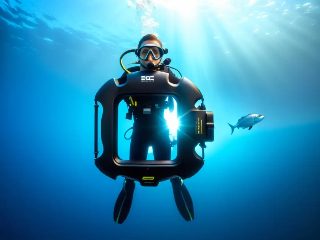 Innovador BCD negro en el océano: detalle 8k BCD innovadores para controlar ascenso: inmersión en el mar con detalles impresionantes y juego de luz cautivador