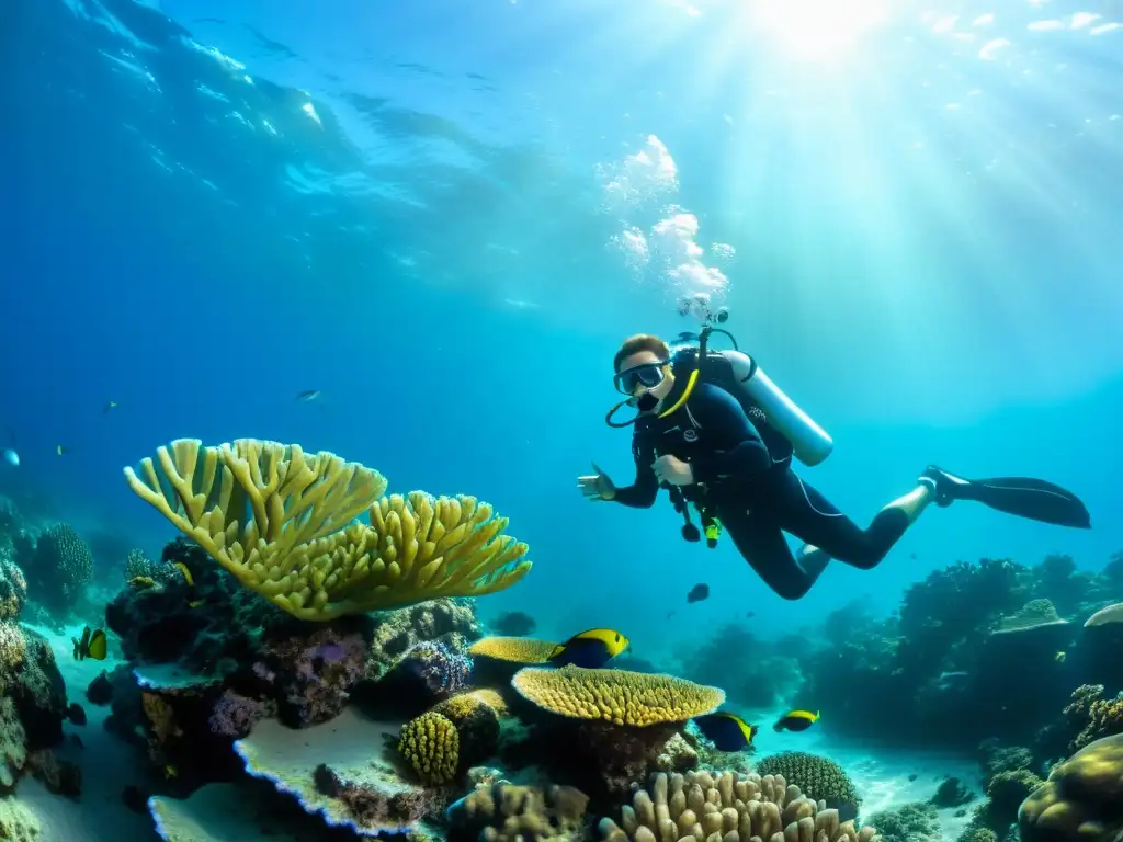 Un instructor de buceo conduce a sus estudiantes a través de un vibrante arrecife de coral