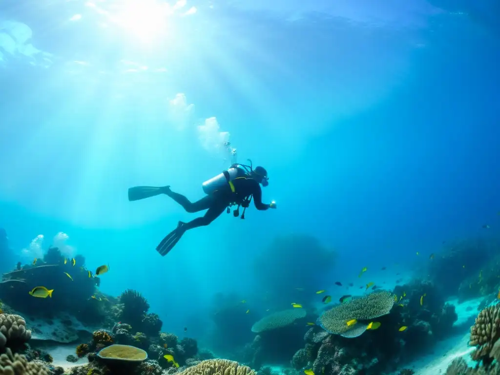 Un instructor de buceo guía a sus estudiantes a través de un vibrante arrecife de coral, con una instrucción de buceo en realidad aumentada