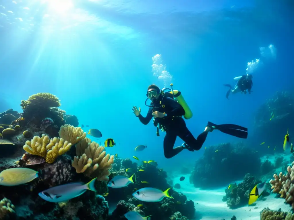 Un instructor de buceo guía a estudiantes en un vibrante arrecife de coral