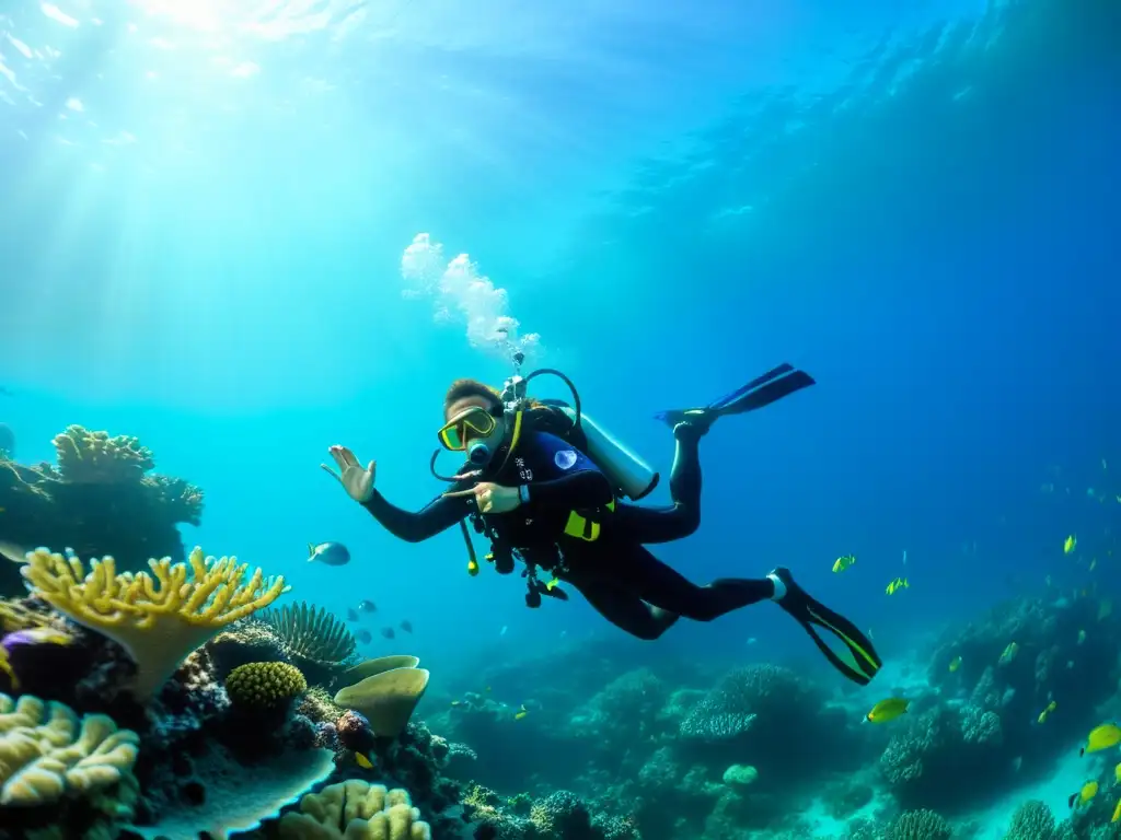 Un instructor de buceo guía a estudiantes en un vibrante arrecife de coral