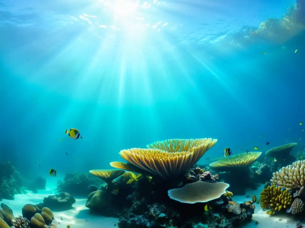 Integración de la oceanografía escolar: Fotografía submarina de un arrecife de coral vibrante con peces y vida marina, iluminado por rayos de sol