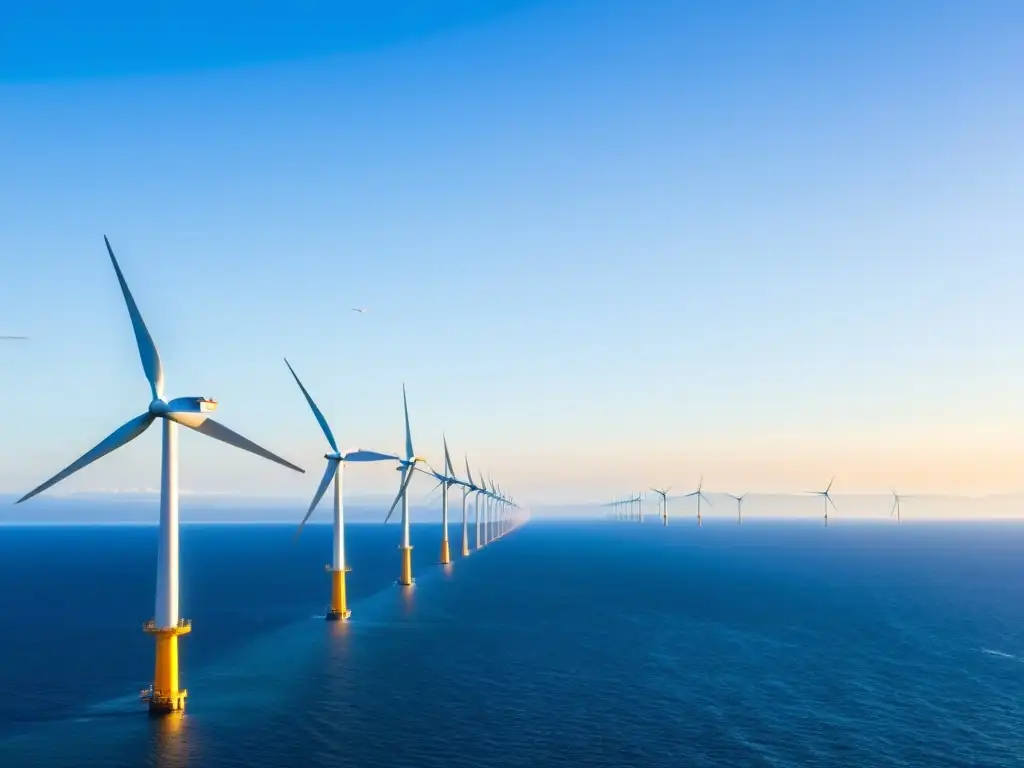 Integración sostenible de energías renovables marinas: Un océano vasto con un moderno parque eólico marino y el sol dorado sobre el mar