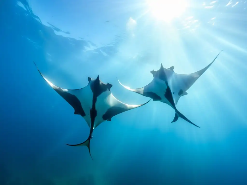 Interacciones submarinas con mantarrayas: majestuosas mantarrayas nadando graciosamente bajo el resplandor del sol en aguas cristalinas