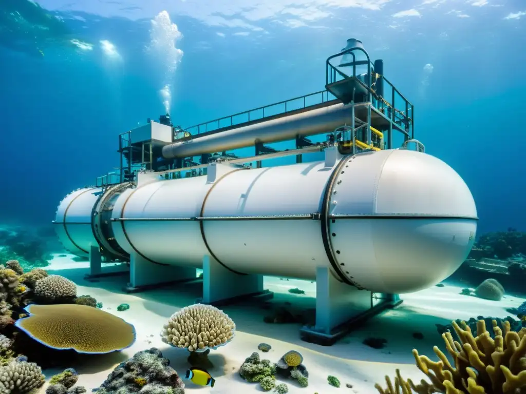 Inversiones en tecnologías de desalinización oceánica: una planta futurista en el fondo marino rodeada de vida marina y arrecifes de coral vibrantes