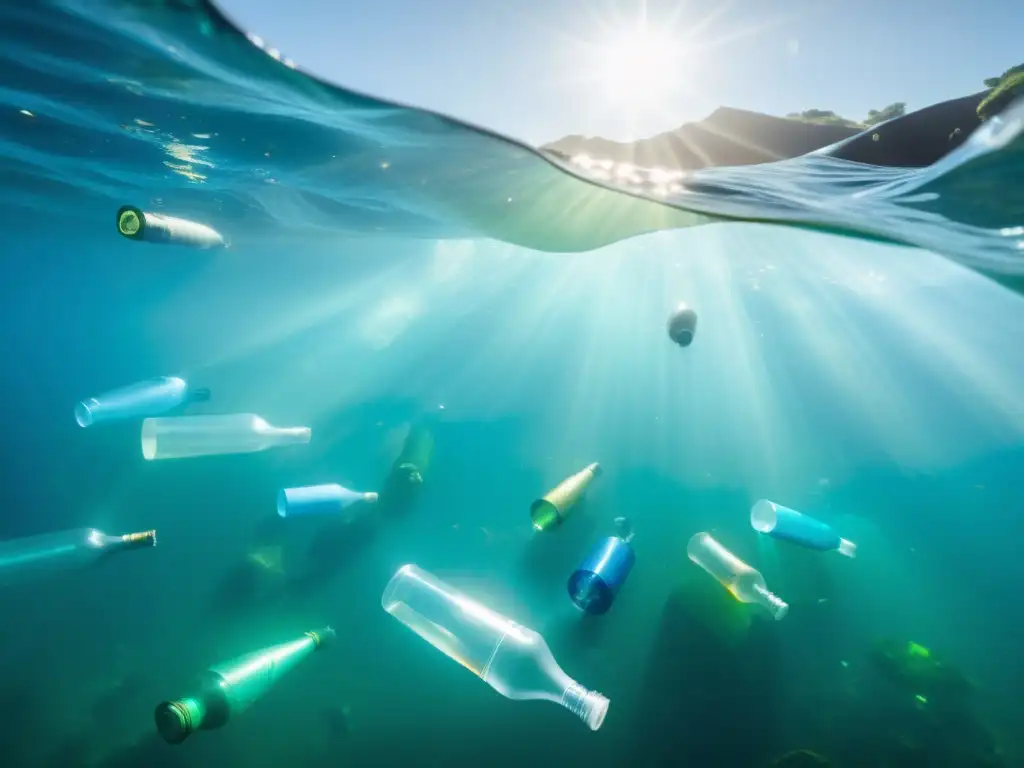 Una isla de basura oceánica flota en aguas cristalinas, revelando el impacto devastador del plástico en el ecosistema marino