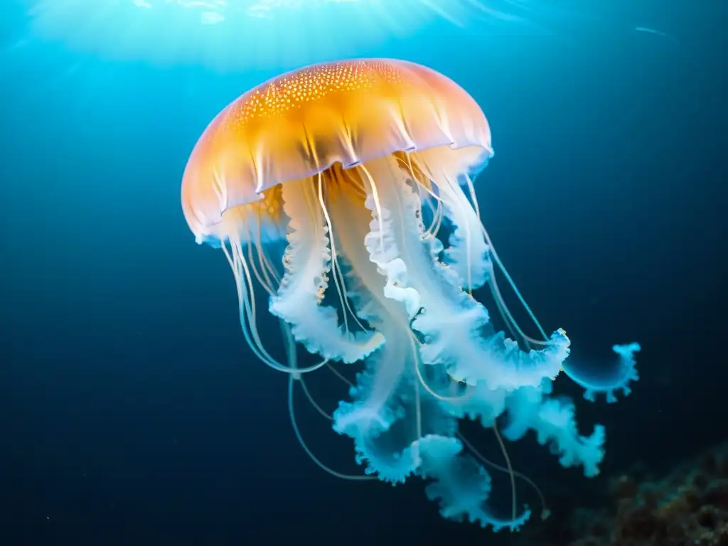 Jellyfish bioluminiscente en el océano profundo emitiendo un deslumbrante brillo azul, rodeada de un ambiente misterioso