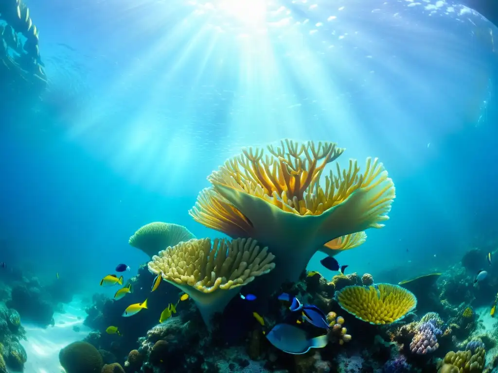 Una joyería inspirada en especies marinas cobra vida en un vibrante arrecife de coral, con peces tropicales, anémonas y abanicos marinos