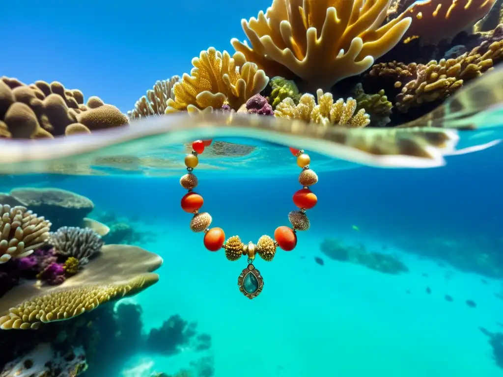 Una joyería sostenible temática marina brilla en un vibrante arrecife de coral, creando una escena cautivadora bajo el agua