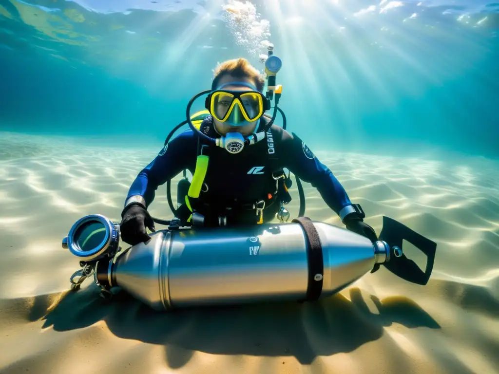 Kit de buceo técnico profesional en el fondo marino, iluminado por los rayos de sol, creando un juego de luces y sombras hipnotizante