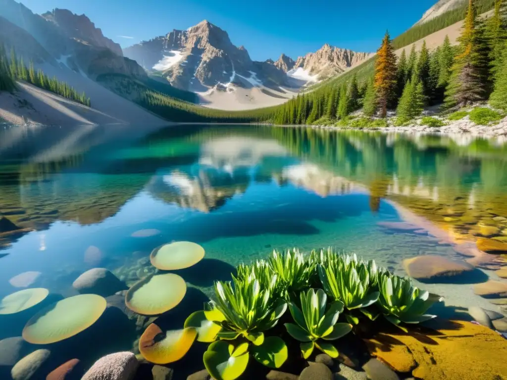 Un lago de montaña con aguas cristalinas, reflejando picos nevados y árboles