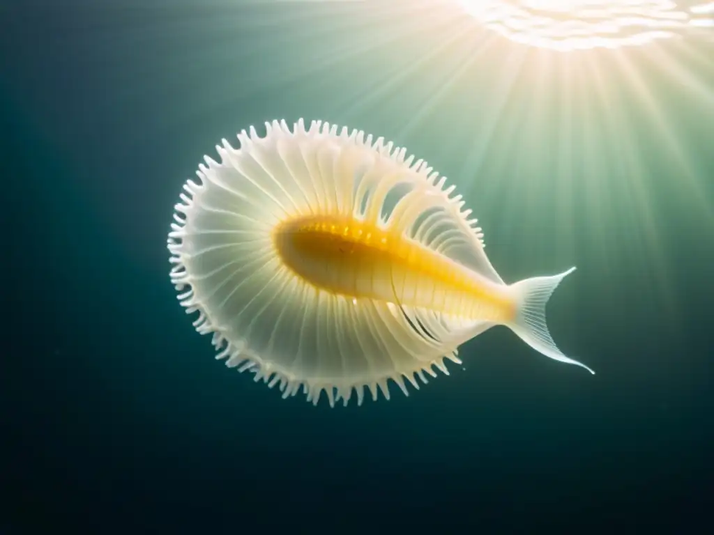 Un larvaceo transparente nada grácilmente en las profundidades, iluminado por tenues rayos de sol