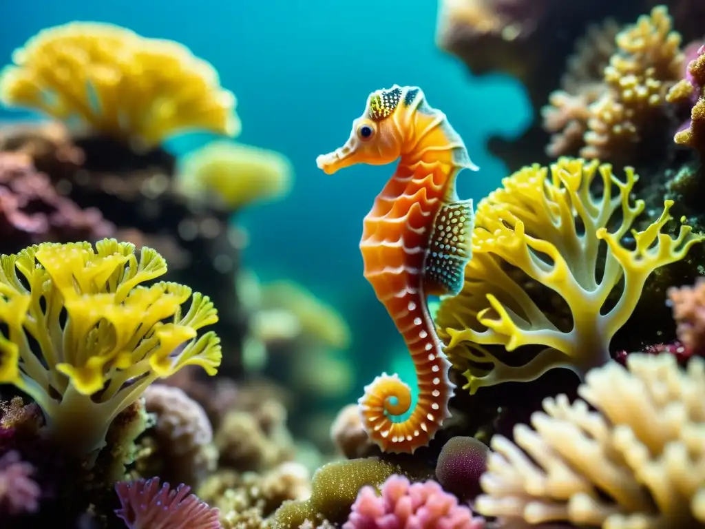 Una fotografía macro submarina con lentes que muestra un vibrante arrecife de coral y un diminuto caballito de mar aferrado a una alga