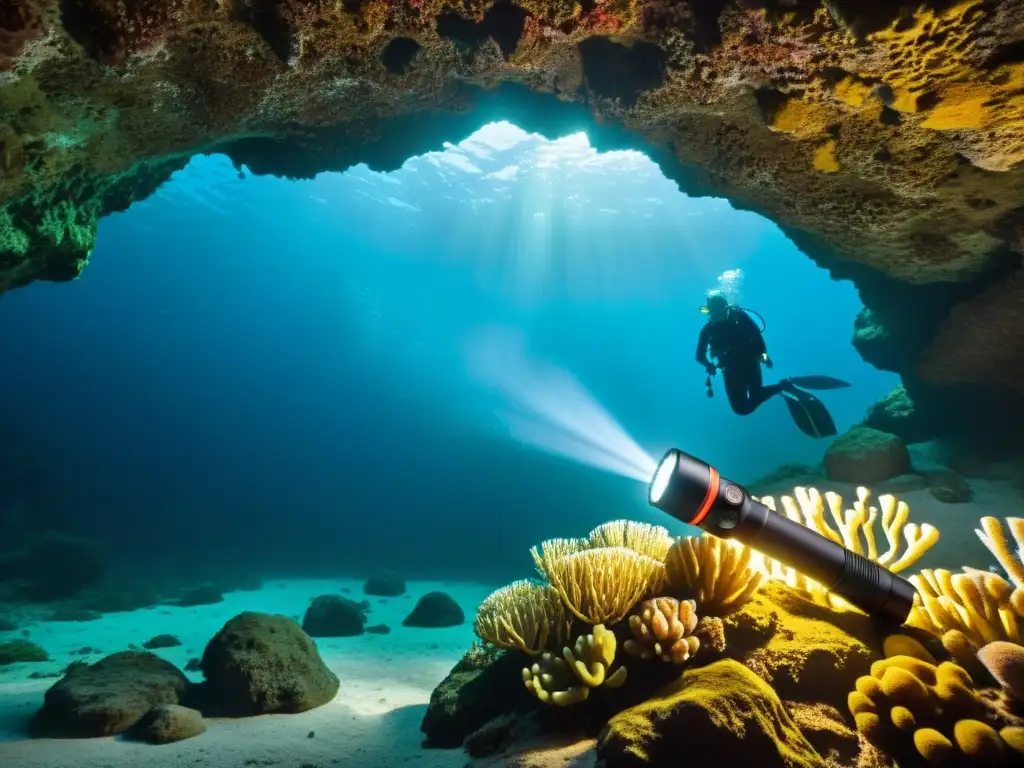 Una linterna de buceo nocturno ilumina una cueva submarina, revelando un mundo marino vibrante