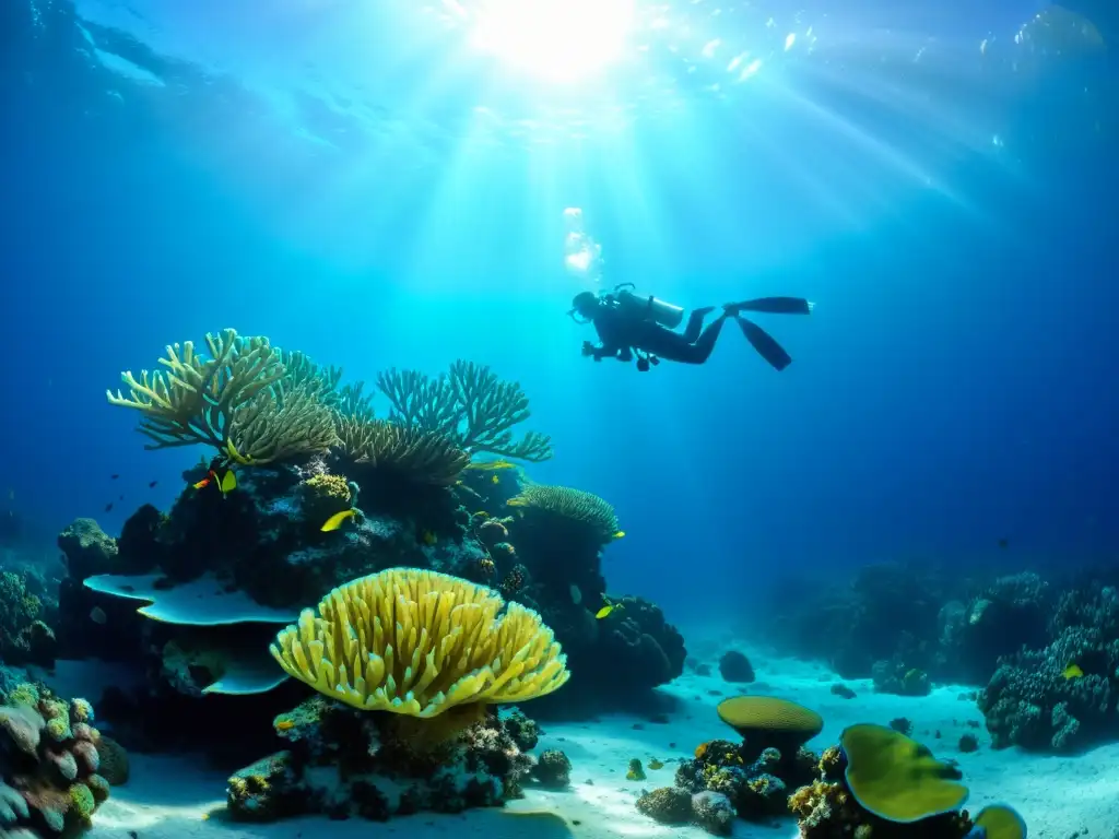 Una linterna de buceo potente ilumina un arrecife de coral vibrante, revelando su belleza y misterio en las profundidades del océano