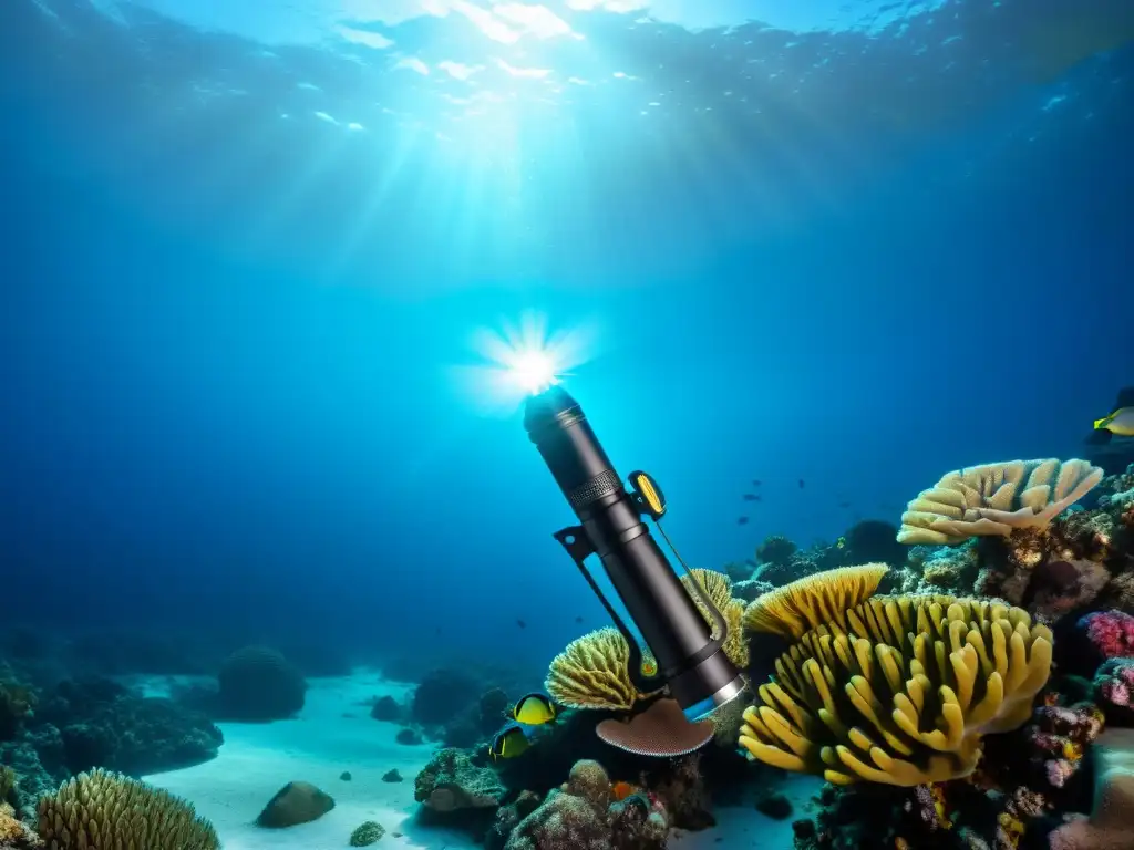 Una linterna de buceo potente ilumina el mundo submarino, revelando arrecifes de coral y vida marina en el fondo del océano