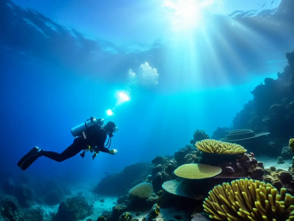 Una linterna de buceo potente ilumina el oscuro océano, revelando corales, peces y un naufragio