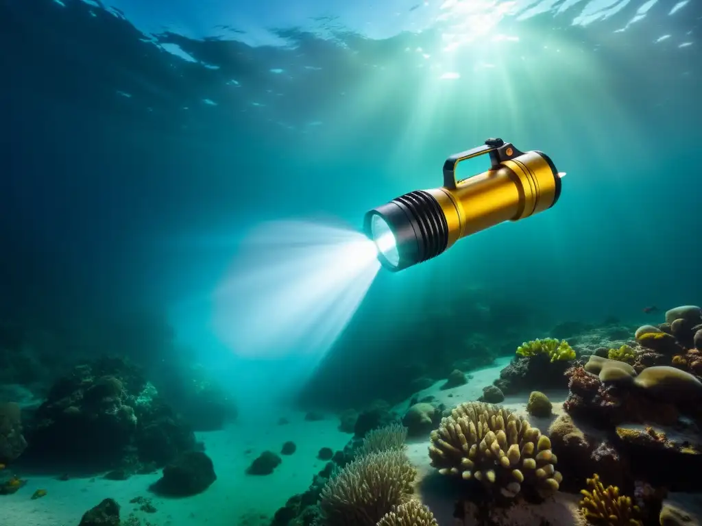 Una linterna de buceo potente ilumina las profundidades del océano, revelando un mundo submarino vibrante en contraste con la oscuridad