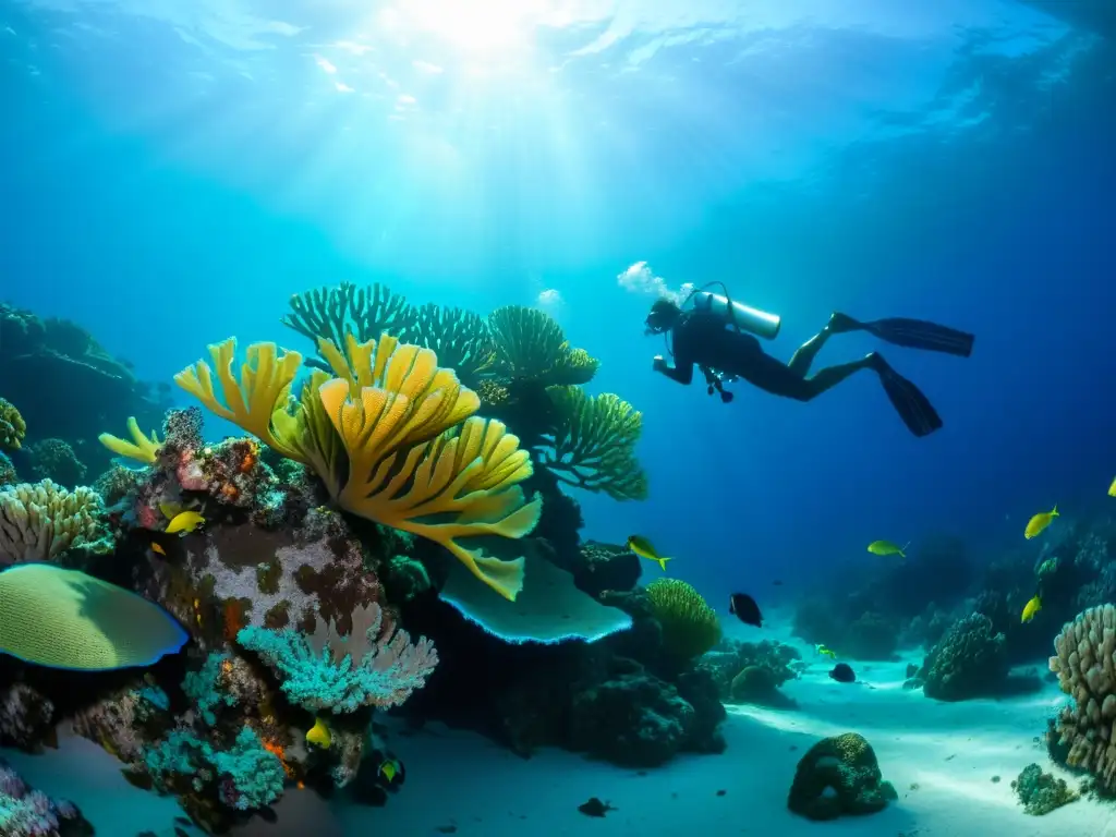 Una linterna de buceo potente ilumina un vibrante arrecife de coral, revelando una escena submarina cautivadora llena de vida marina y belleza natural