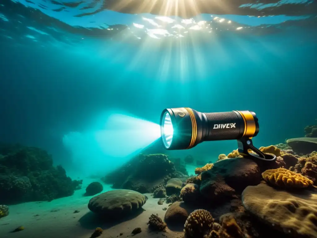 Linterna subacuática de alto rendimiento iluminando el misterioso fondo marino, revelando colores vibrantes y tecnología innovadora
