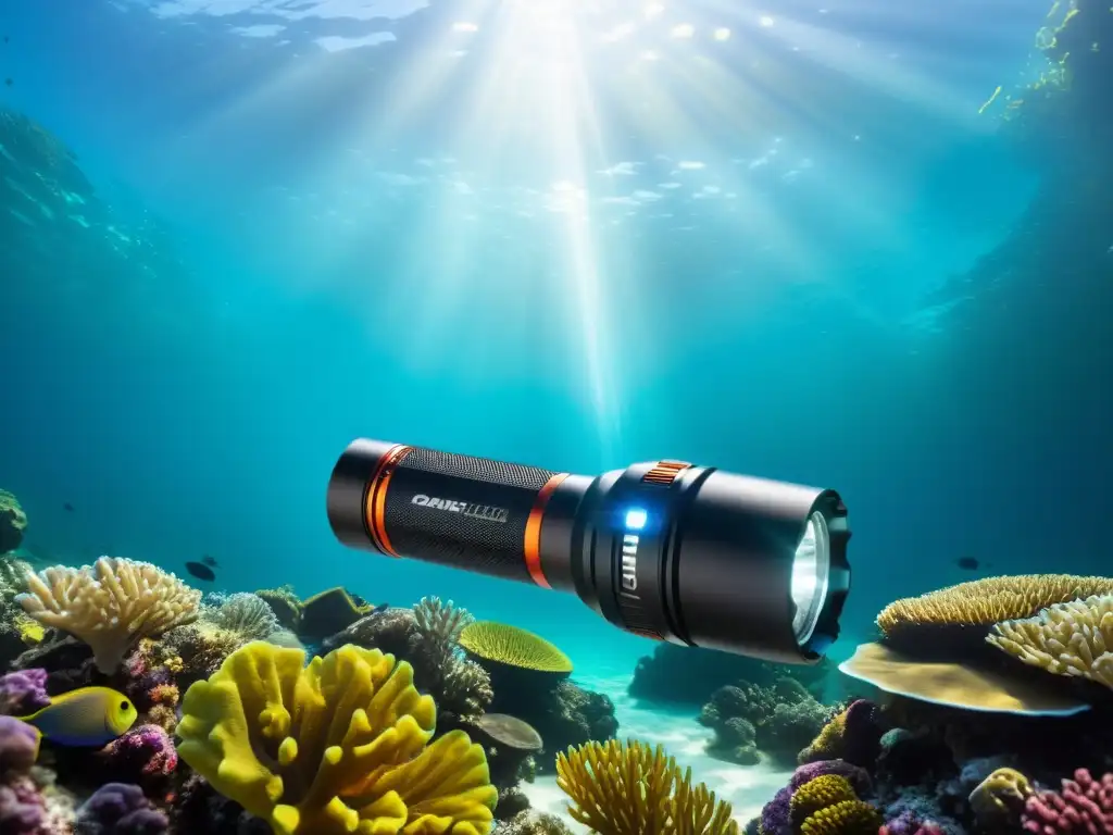 Linterna subacuática de alto rendimiento iluminando arrecifes de coral y peces en aguas cristalinas