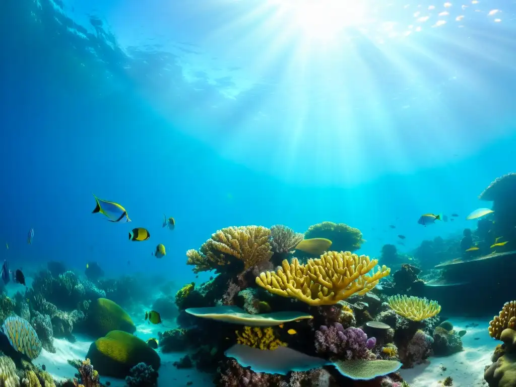 Ecosistema marino vibrante: arrecife de coral lleno de vida Biodiversidad marina en literatura: Un arrecife de coral vibrante, lleno de vida marina colorida bajo la luz dorada del sol en el agua cristalina