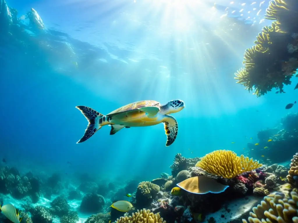 Arrecife de coral vibrante: vida marina en su esplendor Biodiversidad marina en literatura: Escena submarina vibrante con vida marina diversa, coral colorido y una tortuga nadando con gracia