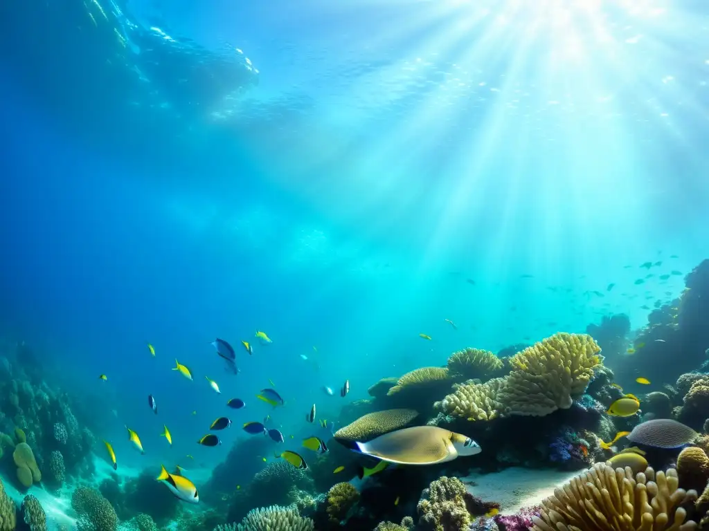 Maravilloso arrecife de coral: vida submarina vibrante Biodiversidad marina en literatura: Una sorprendente fotografía submarina que muestra un vibrante arrecife de coral repleto de vida marina diversa