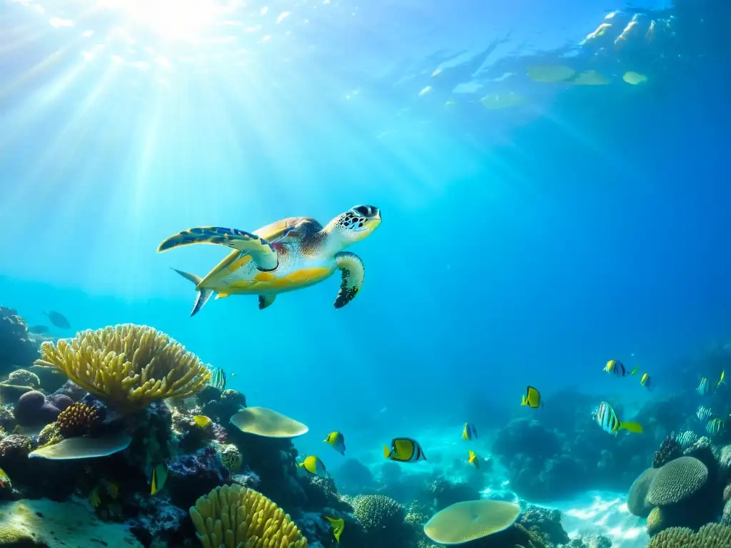 Arrecife de coral vibrante: vida marina en su esplendor Biodiversidad marina en literatura: Fotografía submarina de un vibrante arrecife de coral con peces coloridos y una tortuga majestuosa
