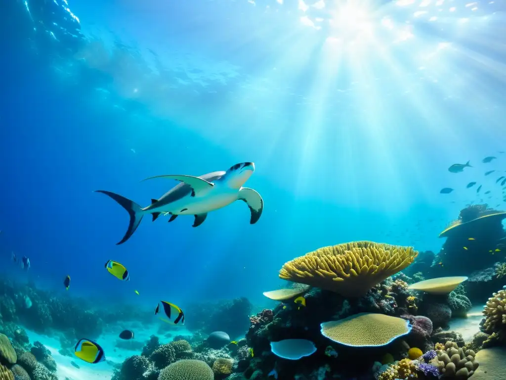 Arrecife de coral vibrante: vida marina en su esplendor Biodiversidad marina en literatura: Un vibrante arrecife de coral repleto de vida marina y colores, bañado por la luz del sol