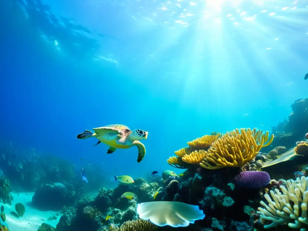 Arrecife de coral vibrante: vida marina en detalle Biodiversidad marina en literatura: Un vibrante arrecife de coral con vida marina diversa, bañado por la luz solar en aguas azules
