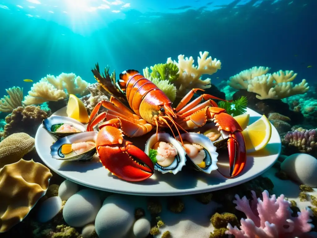 Un lujoso banquete de mariscos frescos se despliega en el lecho de coral, iluminado por el sol