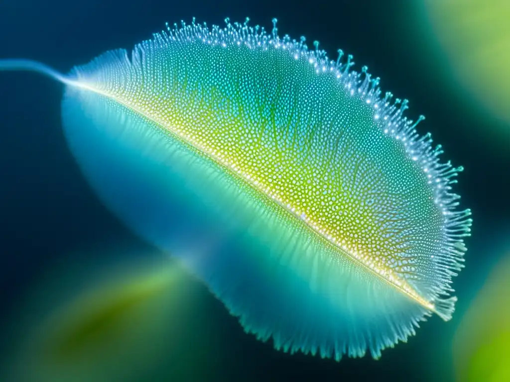 Fotografía macro del plankton marino: Una criatura translúcida con patrones iridiscentes, ciliados ondulantes y un fondo acuático etéreo