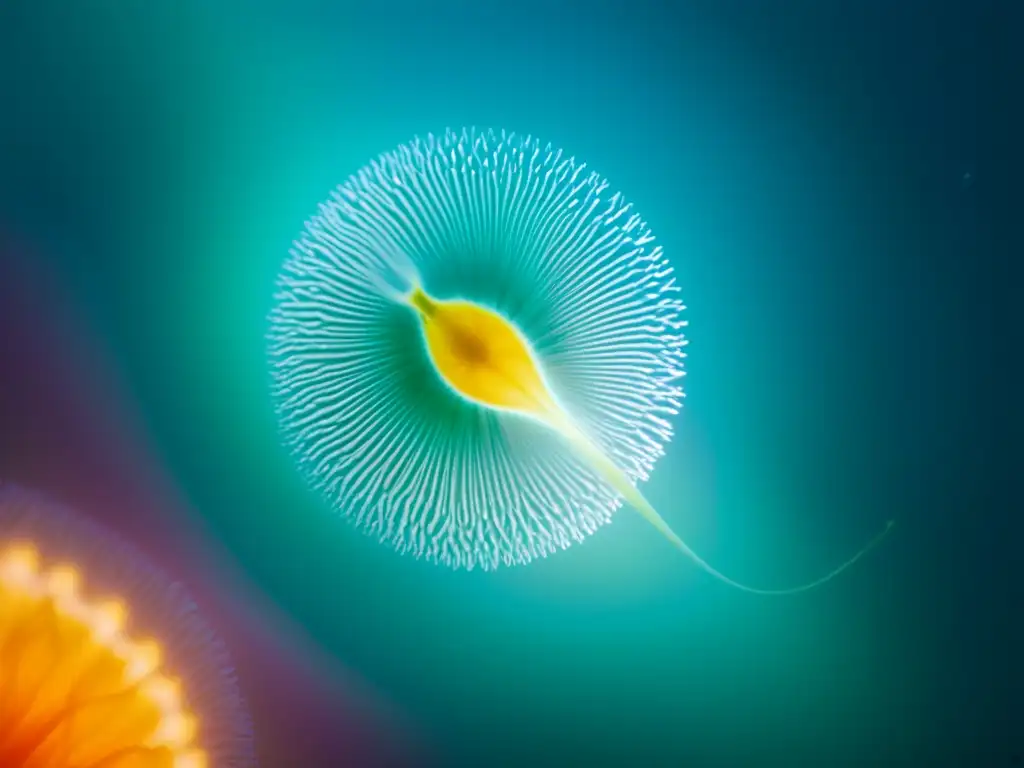 Fotografía macro del plankton marino iluminado por la luz natural bajo el agua, con detalles y colores vibrantes