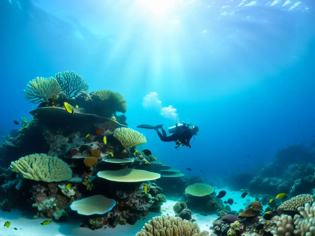 Un maestro buzo de Scuba guía a estudiantes en un vibrante arrecife de coral, educando sobre la diversidad marina en este paraíso submarino 8k