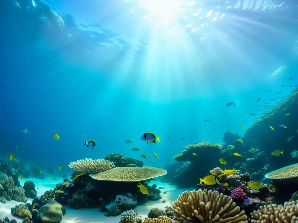 Un mágico arrecife de coral rebosante de vida marina colorida, bajo el agua cristalina