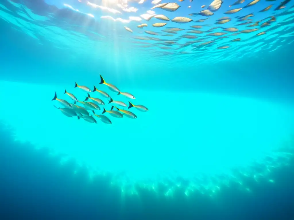 Un mágico encuentro submarino: un banco de peces iridiscentes nada en aguas turquesa cristalinas, entre coral colorido