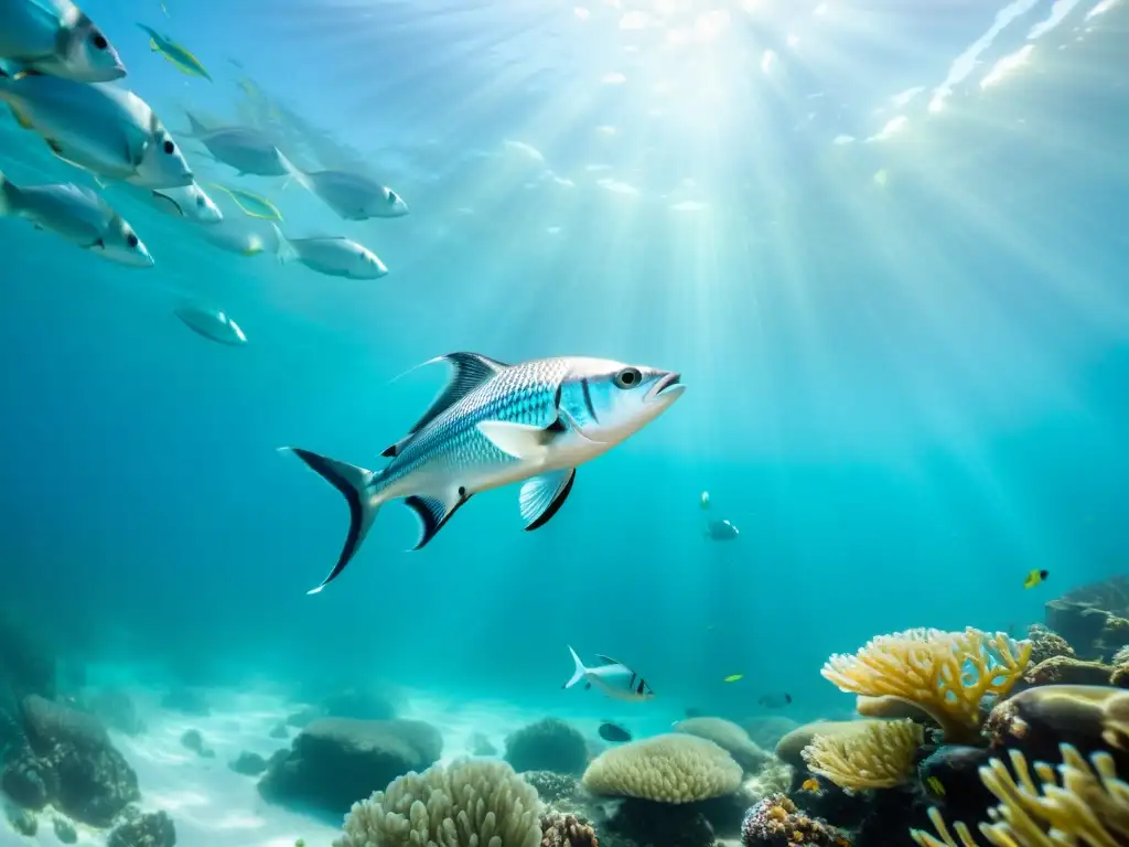 Un mágico paisaje marino con cardúmen de peces plateados rodeados de coral y algas, evocando la pureza y belleza del océano