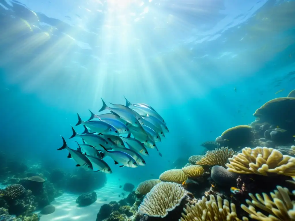 Un mágico paisaje submarino con un banco de peces plateados nadando entre corales coloridos, iluminados por la luz del sol