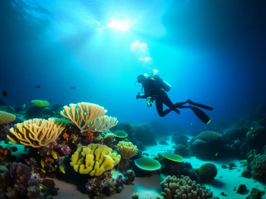 Un mágico paisaje submarino iluminado por bioluminiscencia, donde un buceador con certificación buceo nocturno explora la maravillosa escena