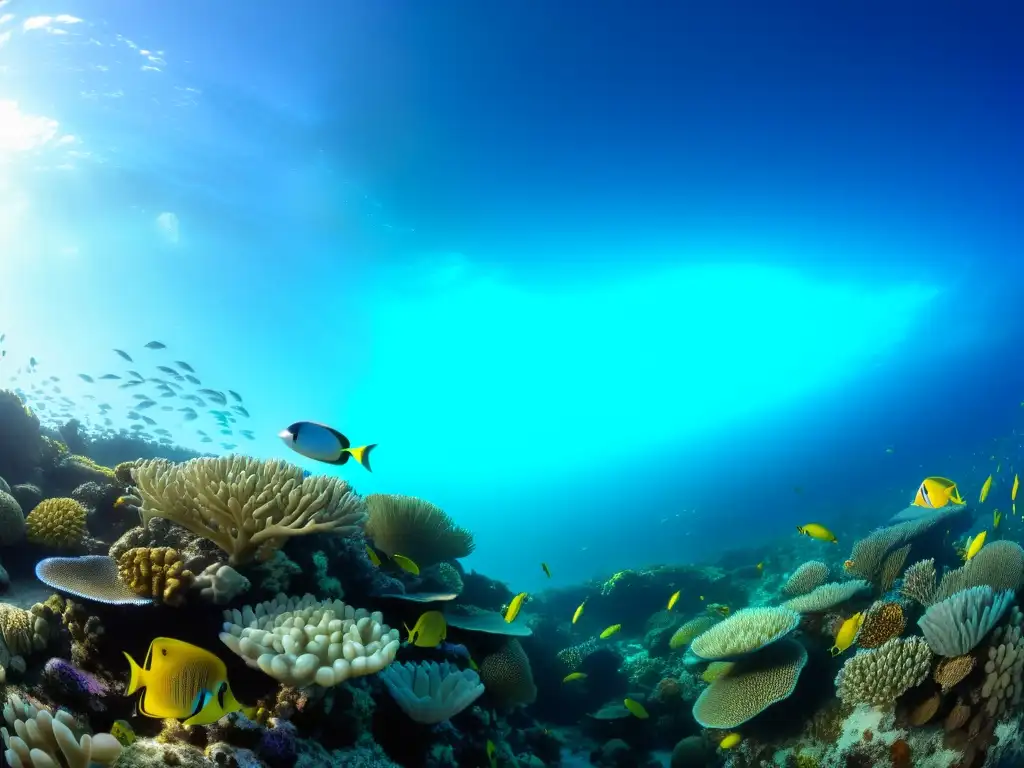 Una magnífica fotografía submarina de vida marina en un vibrante arrecife de coral, con coloridos peces tropicales, anémonas y tortugas marinas