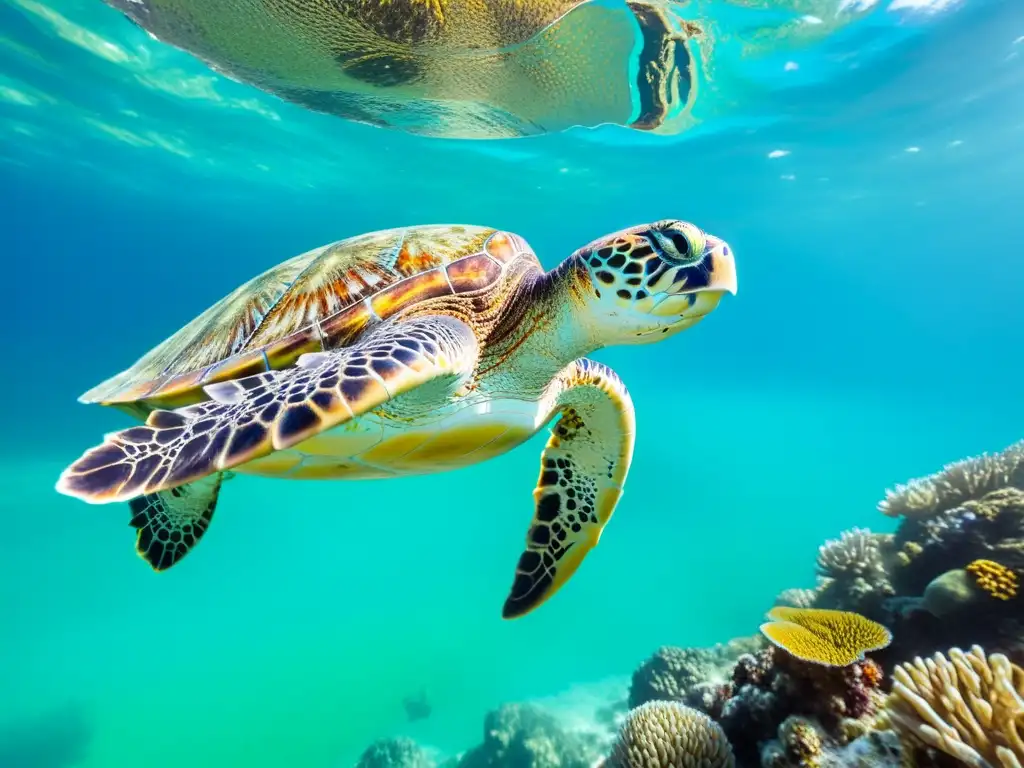 Una majestuosa tortuga marina nada graciosamente entre aguas turquesas cristalinas, rodeada de arrecifes de coral vibrantes y la luz del sol