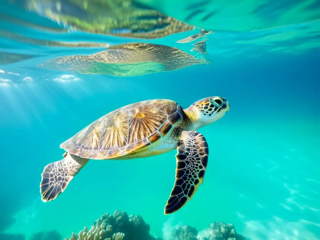 Una majestuosa tortuga marina nada grácilmente en aguas turquesas, iluminada por el sol