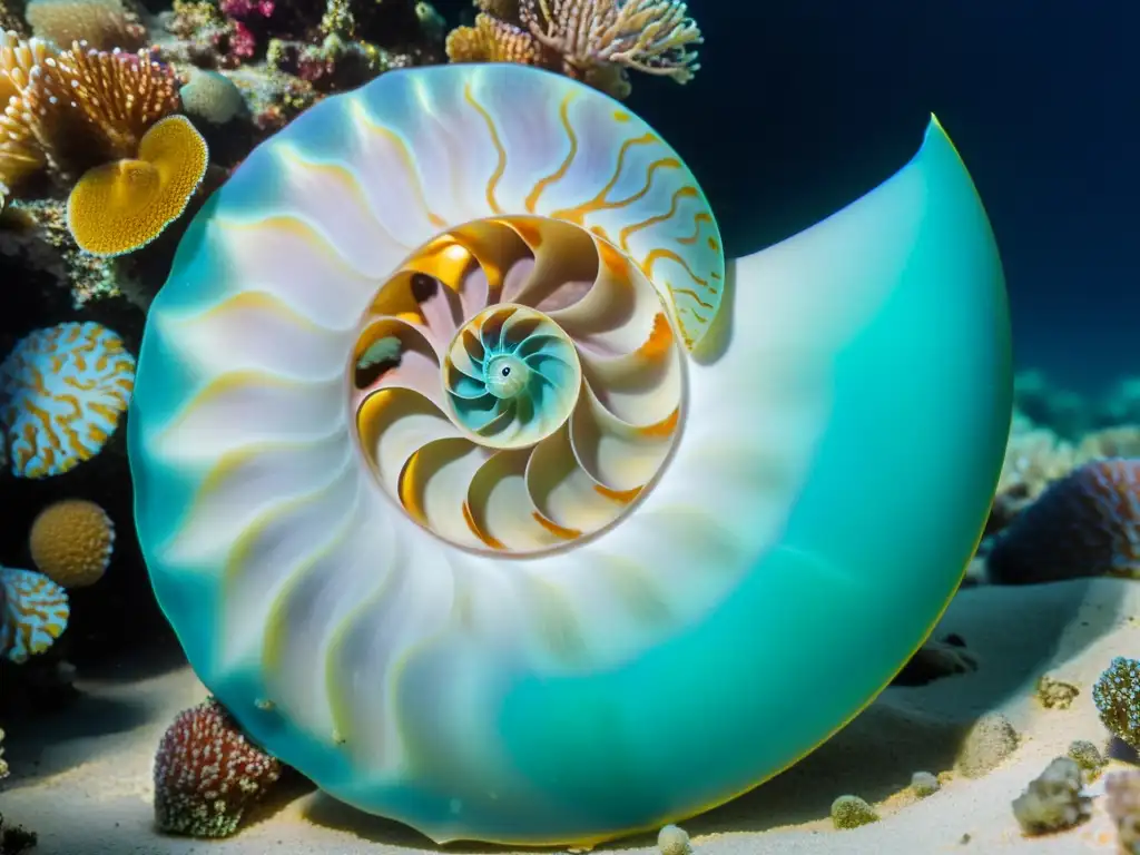 La majestuosa Nautilus pompilius nada en aguas turquesas, rodeada de vida marina