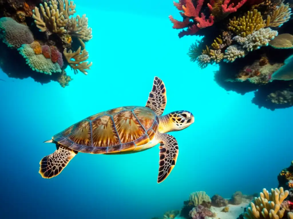 Una majestuosa tortuga carey nada entre arrecifes de coral, con patrones en su caparazón y luces danzantes