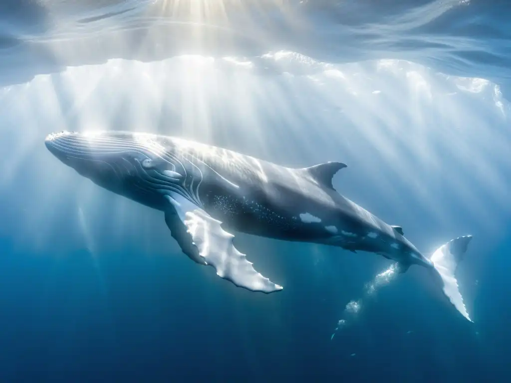 La majestuosa ballena azul se desliza graciosamente entre las aguas profundas, rodeada de peces plateados